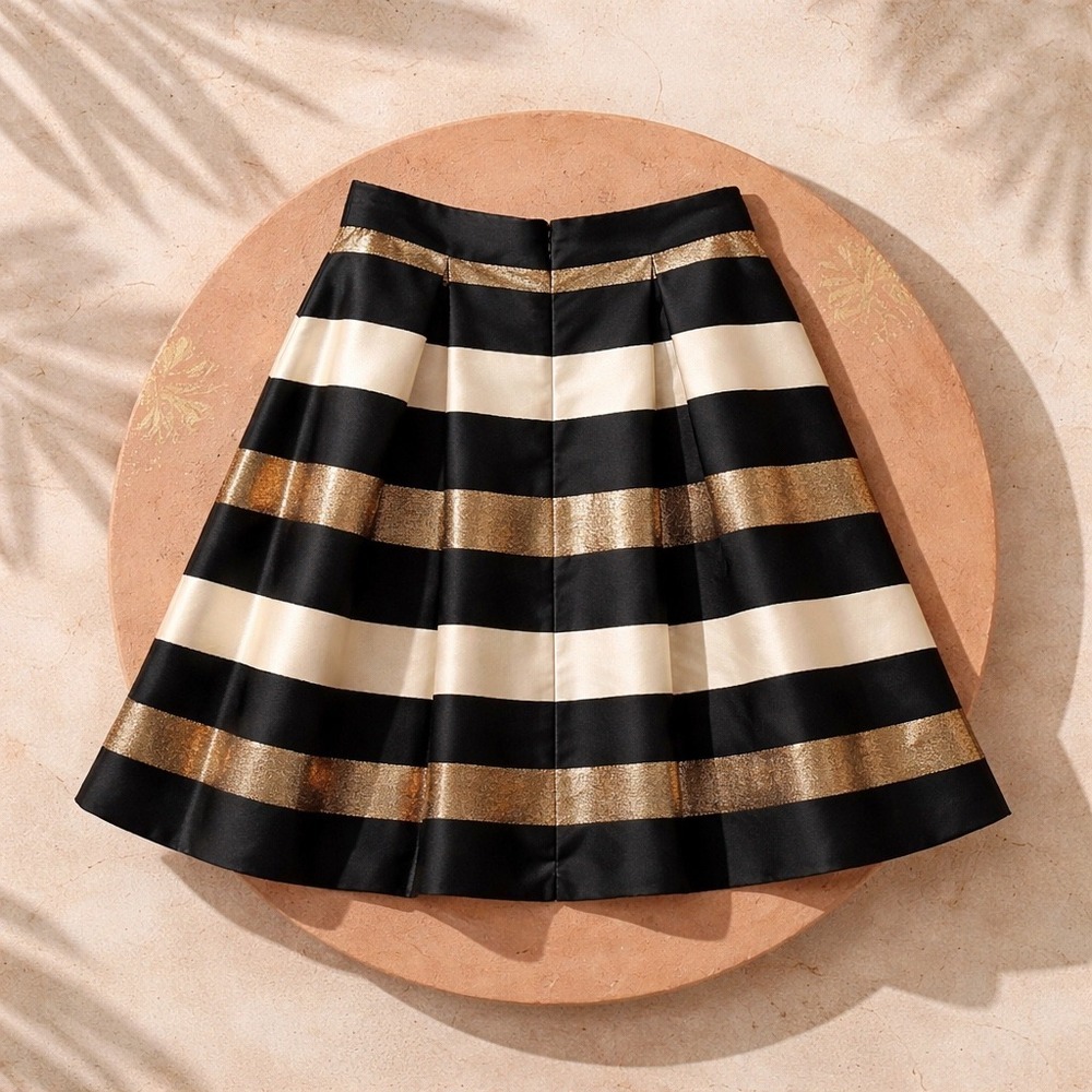 Eliza J‎ Metallic Gold Black Striped Pleated Midi Skirt Size 6 Holiday Party - Picture 2 of 7